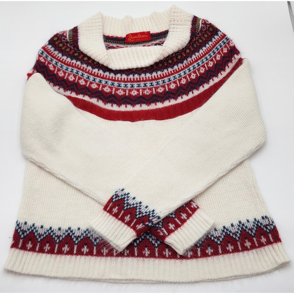 Vintage Jantzen‎ Women XS Fair Isle Nordic Wool Sweater Collar Cream Red Blue